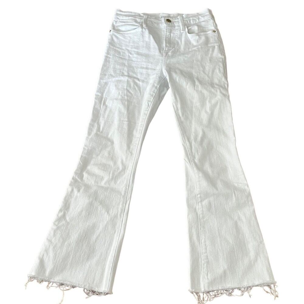 FRAME Denim Le High Flare Jeans Blanc •25• White Stretch Cropped Raw Hem